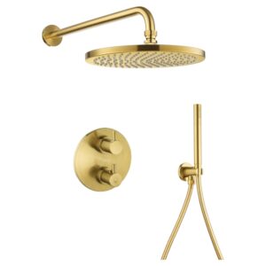 Flova Levo Thermostatic Round Set with Fixed & Hand Shower Brushed Gold