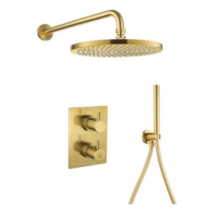 Flova Levo Thermostatic Square Set with Fixed & Hand Shower Brushed Gold
