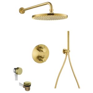 Flova Levo Round Set with Fixed Head, Handset & Overflow Filler Brushed Gold