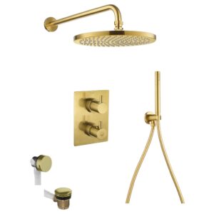 Flova Levo Square Set with Fixed Head, Handset & Overflow Filler Brushed Gold
