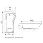 Scudo Shower Bath P Shaped 1675x850x750mm Right Hand